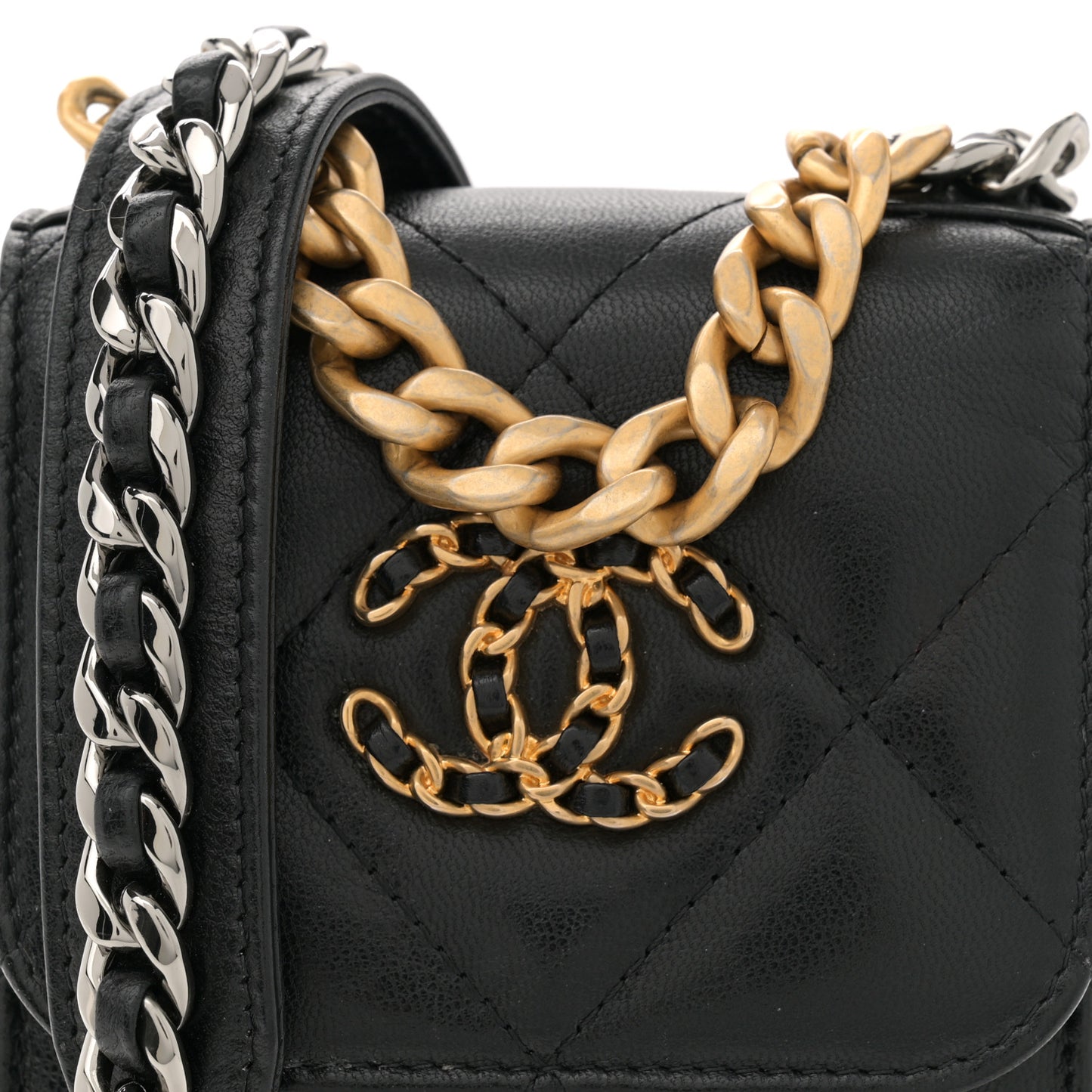 Lambskin Quilted Chanel 19 Phone Holder With Chain Black