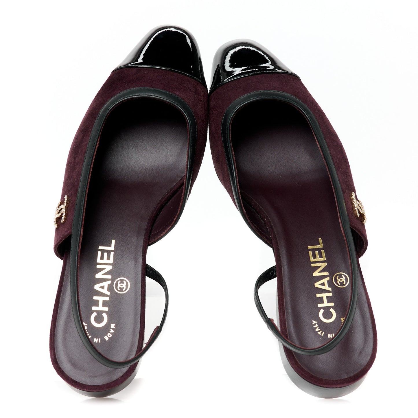 Suede Patent Crystal CC Cap Toe Slingback Flats 37.5 Burgundy Black