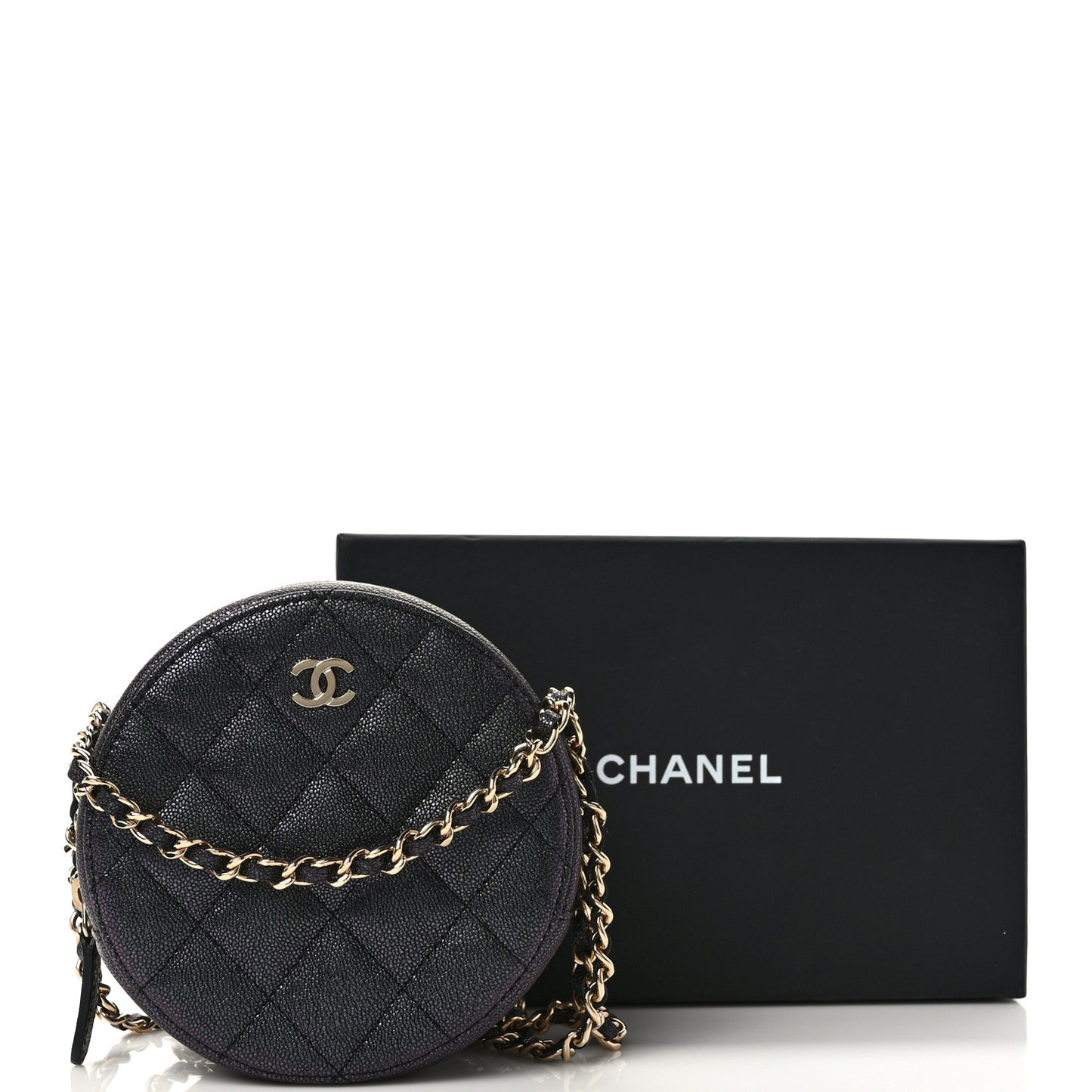 Iridescent Caviar Quilted Round Clutch With Chain Black