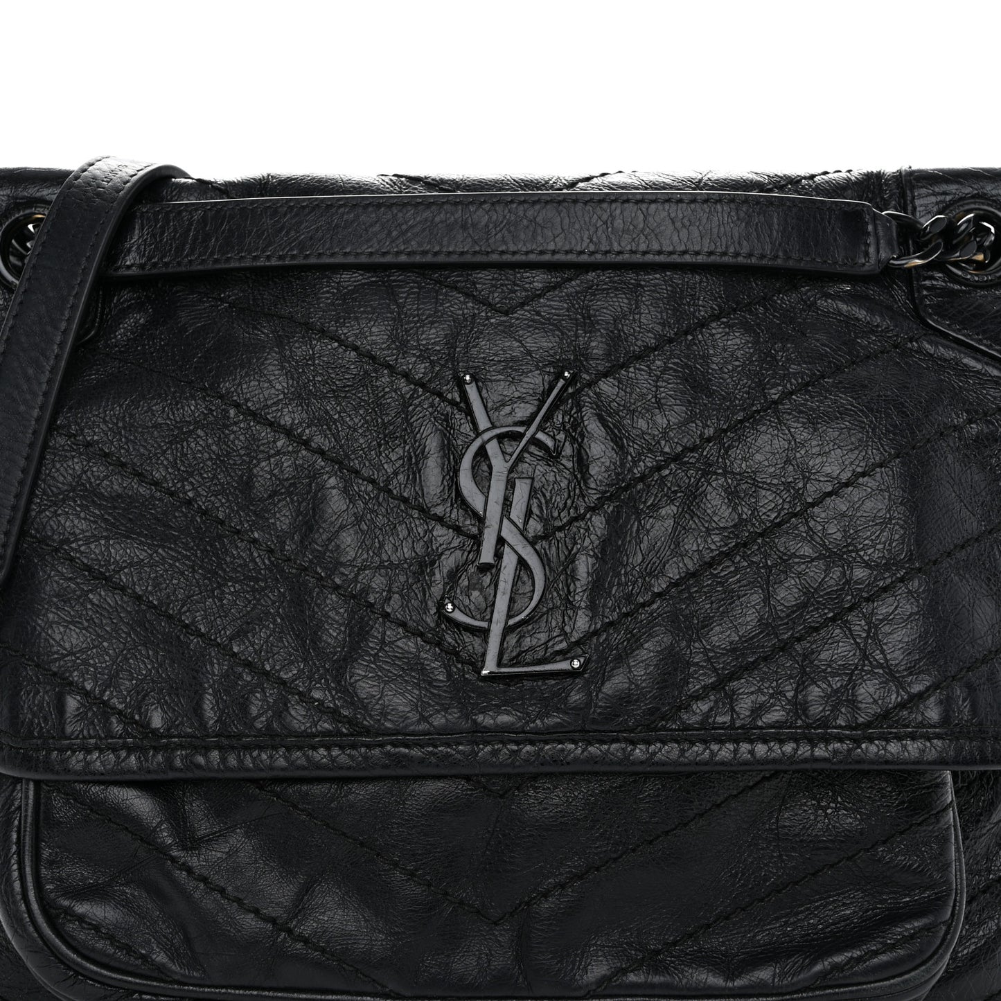 Crinkled Calfskin Matelasse Monogram Medium Niki Chain Satchel Black