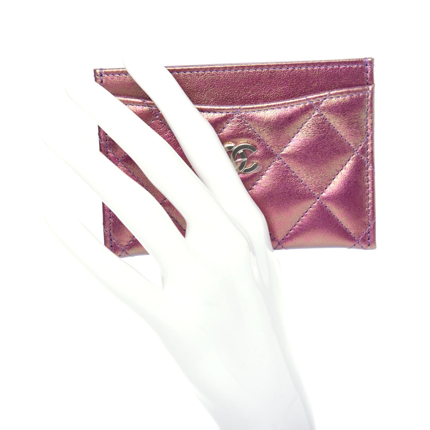 Iridescent Lambskin Quilted Card Holder Purple