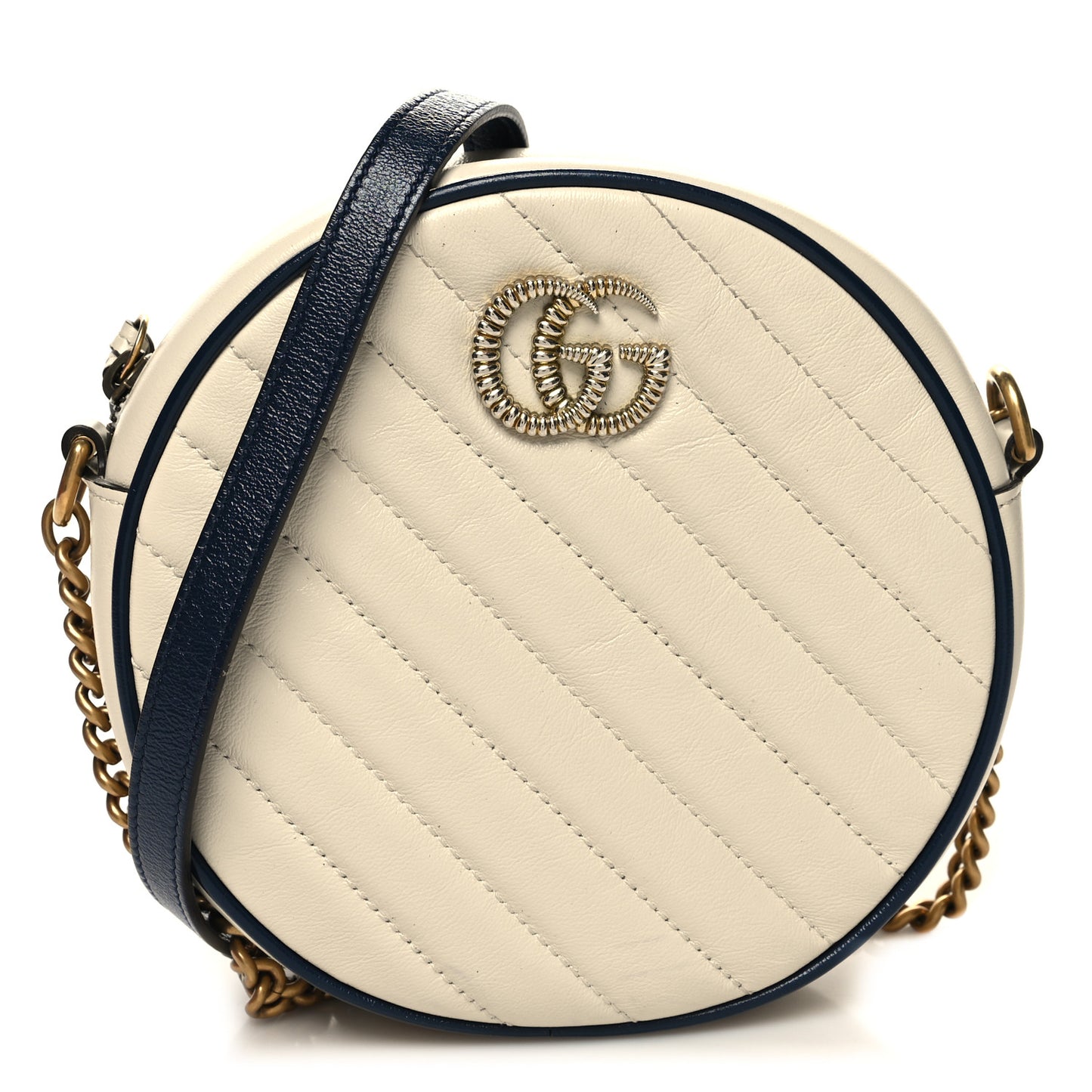 Azalea Calfskin Matelasse Diagonal Mini Torchon GG Marmont Round Shoulder Bag Mystic White Blue Agata