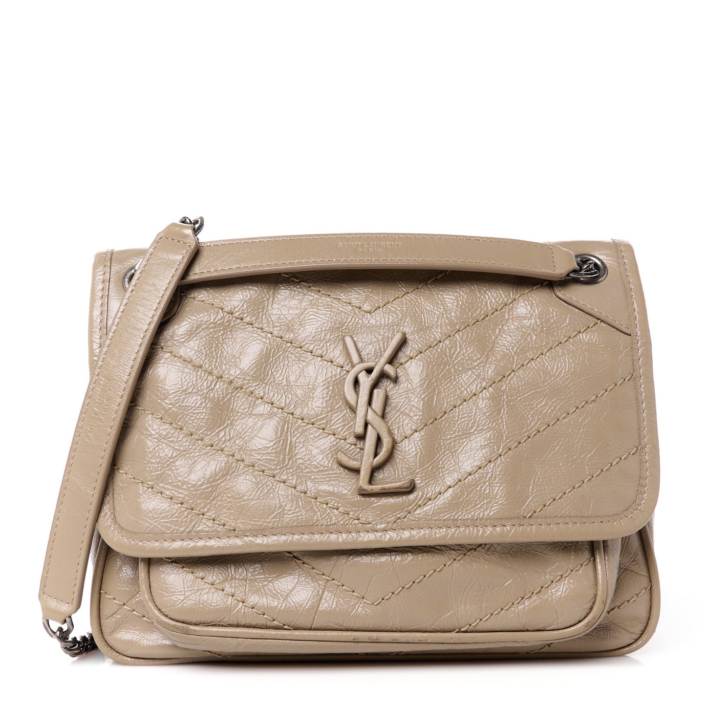 Crinkled Calfskin Matelasse Monogram Baby Niki Chain Satchel Light Taupe