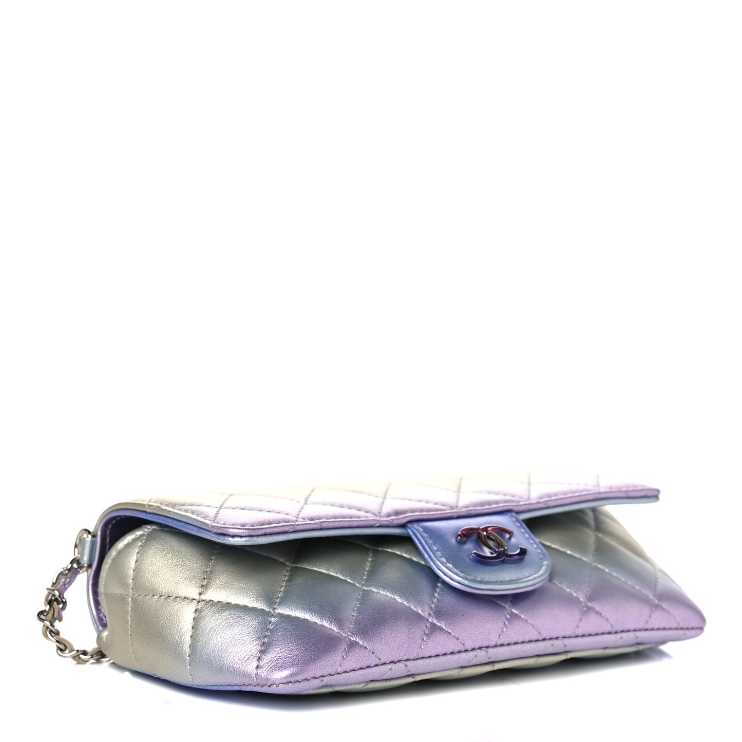 Gradient Metallic Calfskin Quilted Glasses Case With Chain Silver Blue Yellow Purple
