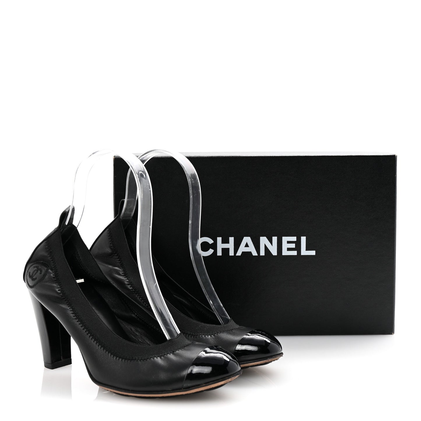 Lambskin Patent CC Elastic Cap Toe Ballerina Pumps 36 Black