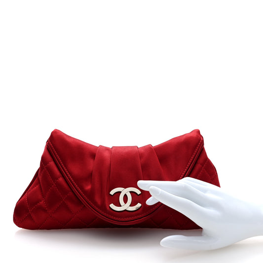 Satin Quilted Half Moon Clutch Red