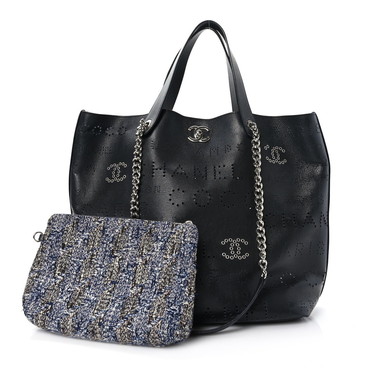 Calfskin Tweed Small Logo Eyelets Shopping Tote Black