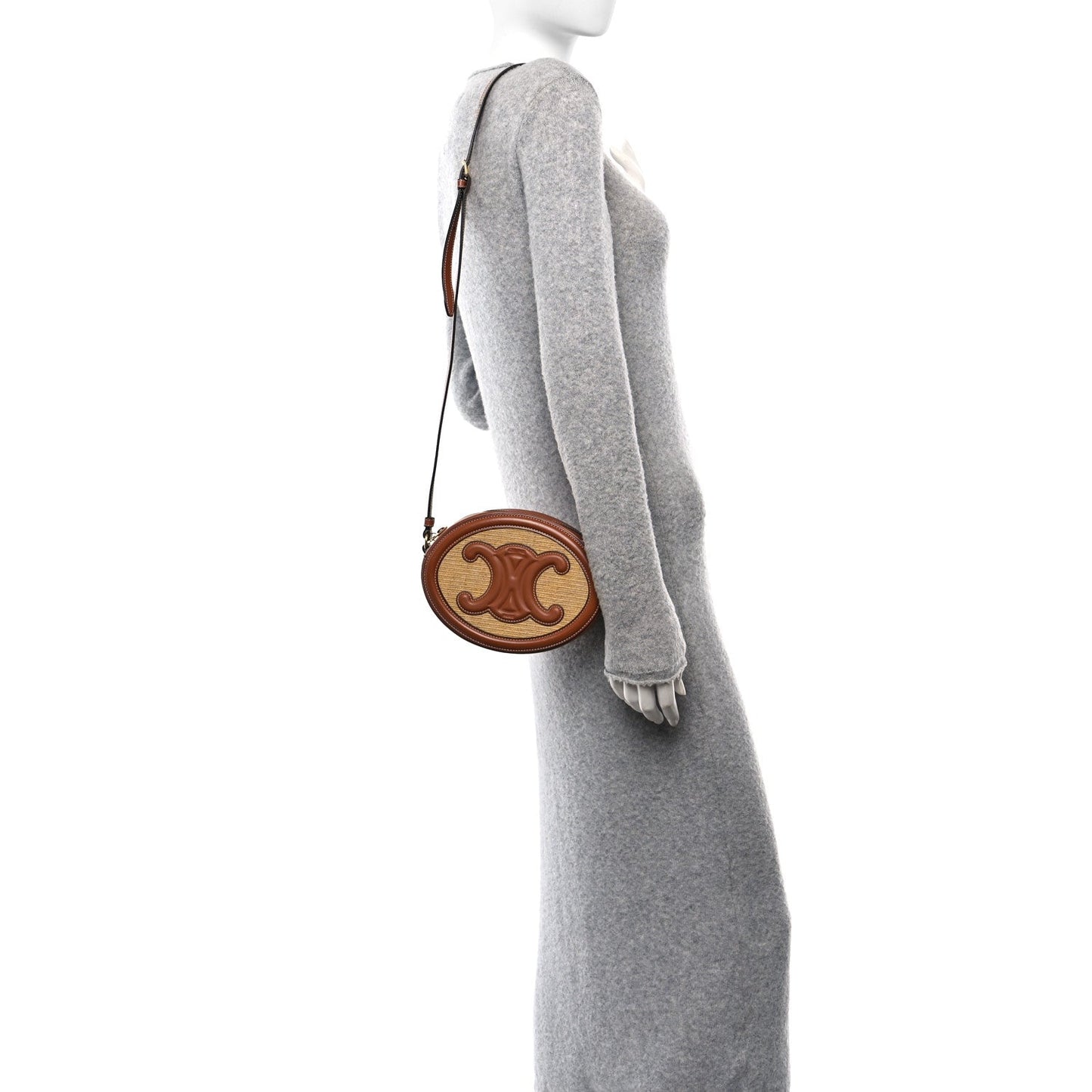 Calfskin Straw Triomphe Oval Purse Crossbody Natural Tan