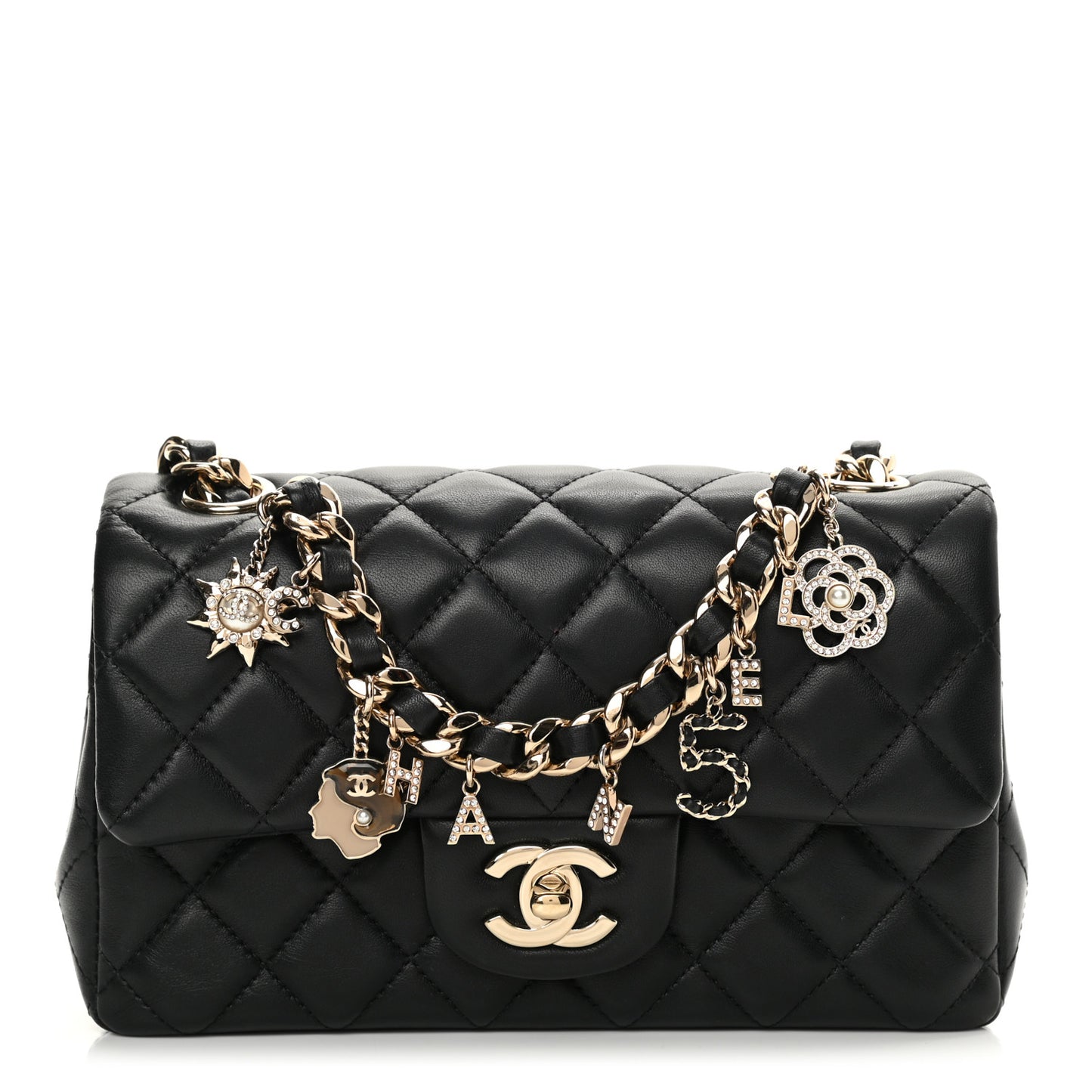 Lambskin Quilted Mini Coco Charms Rectangular Flap Black