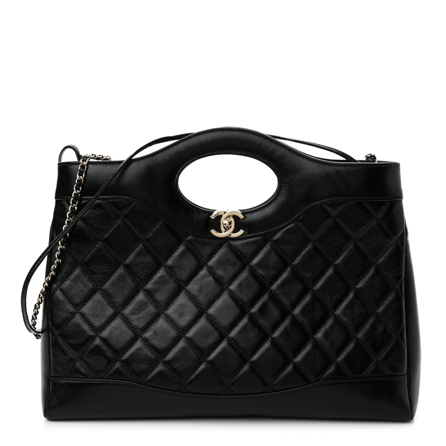Shiny Lambskin Quilted 31 Shopping Bag Black