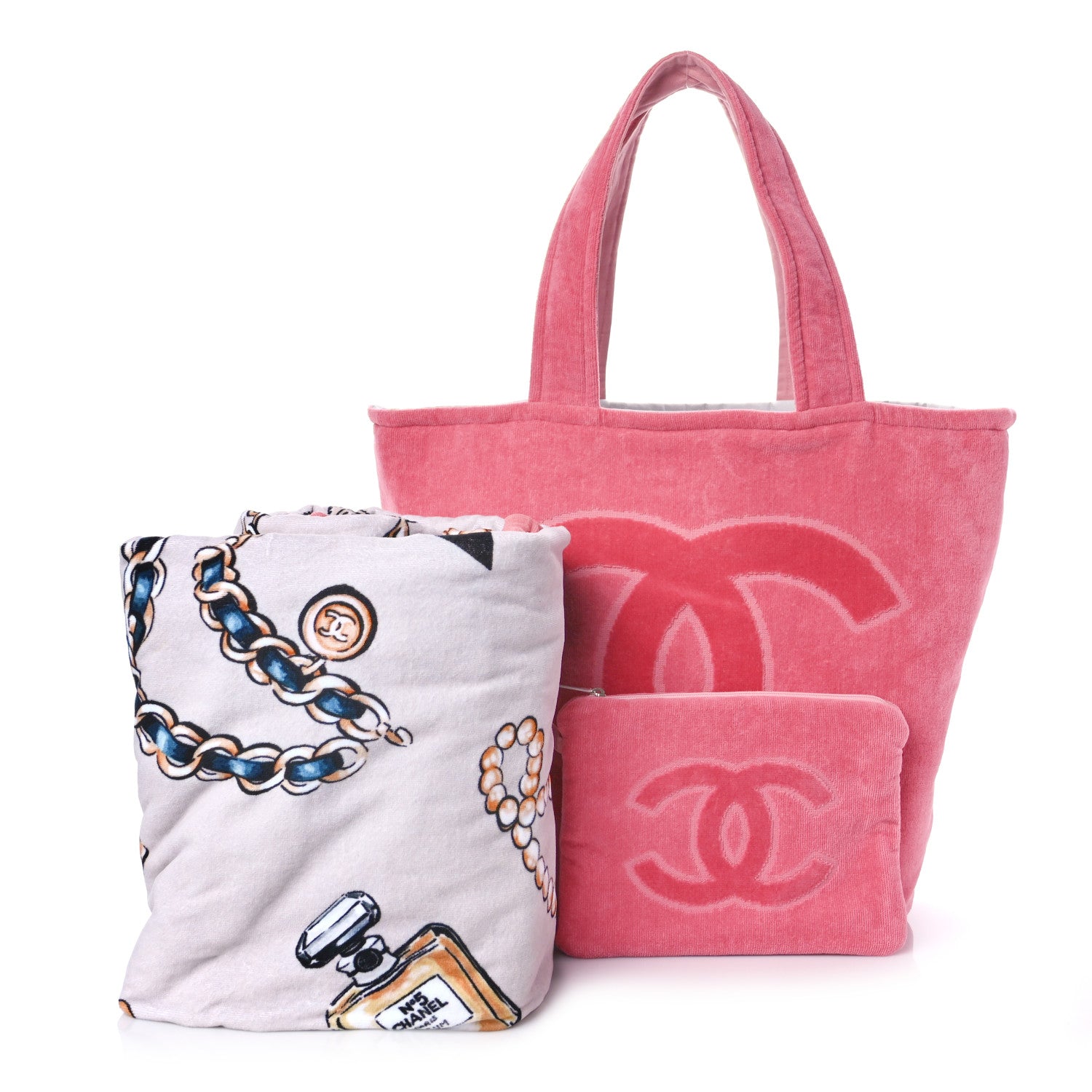 Chanel Terry Cotton CC Beach Tote Towel Set Pink 1196410