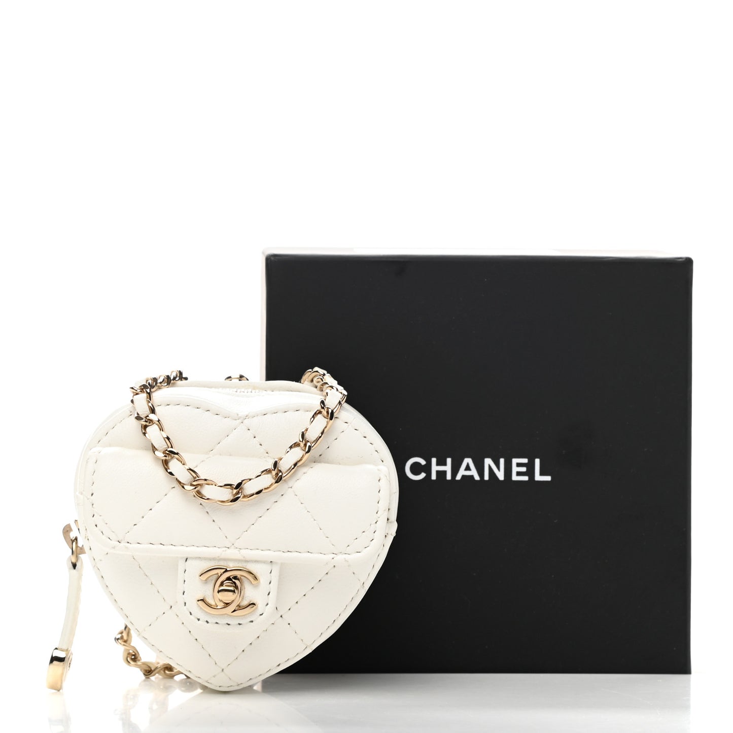 Lambskin Quilted CC In Love Heart Coin Purse With Chain White