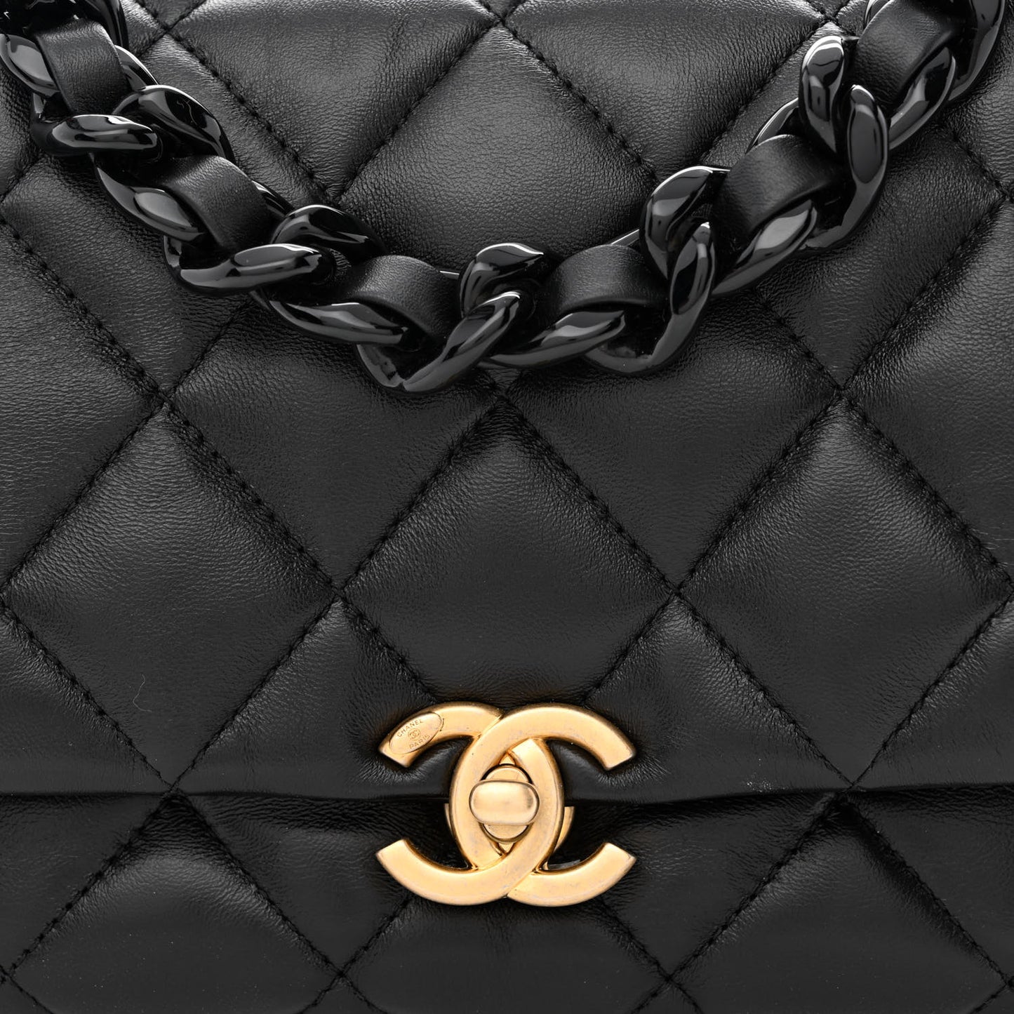 Lambskin Quilted Small Lacquered Chain Flap Black