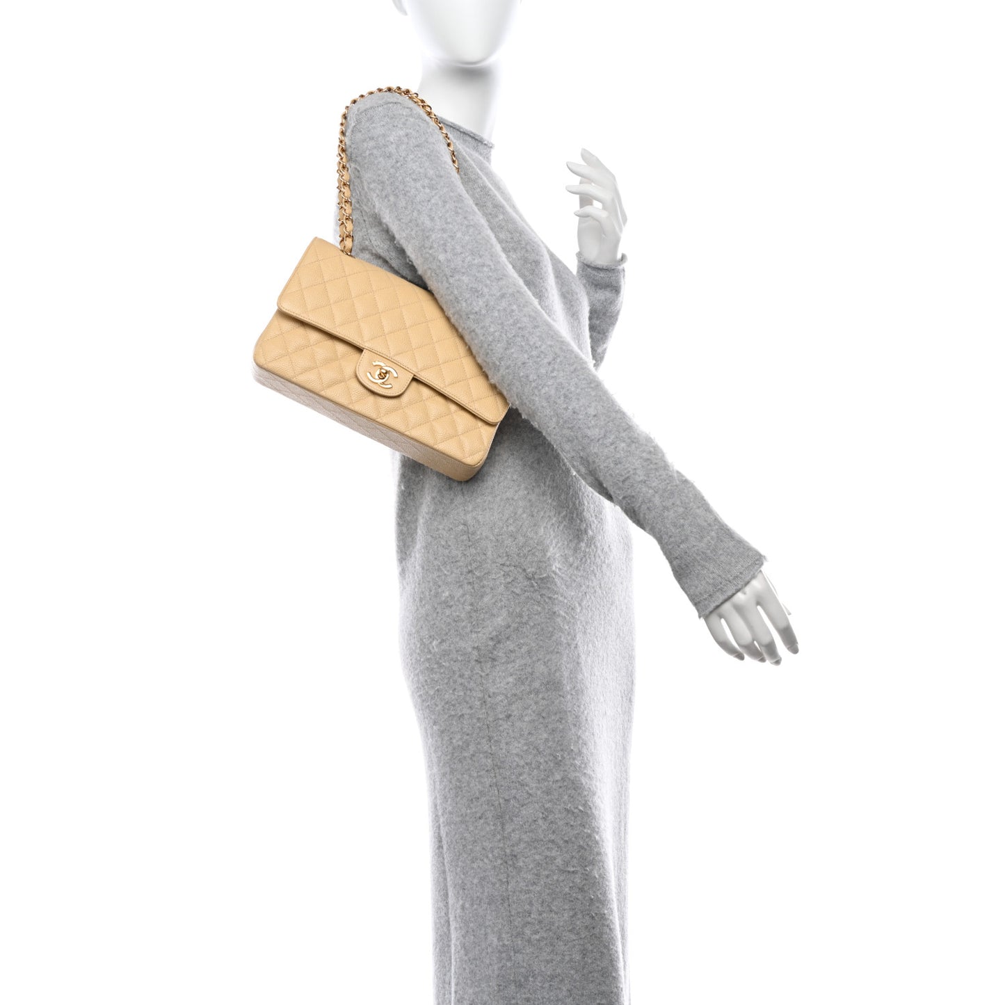 Caviar Quilted Medium Double Flap Beige