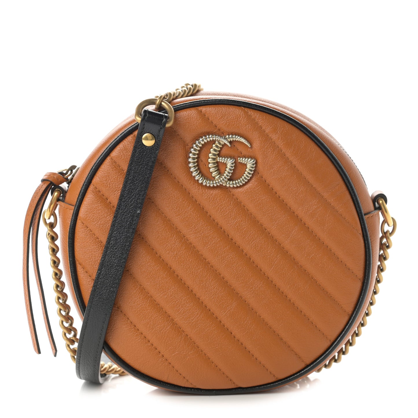 Azalea Calfskin Matelasse Diagonal Mini Torchon GG Marmont Round Shoulder Bag Cognac Black