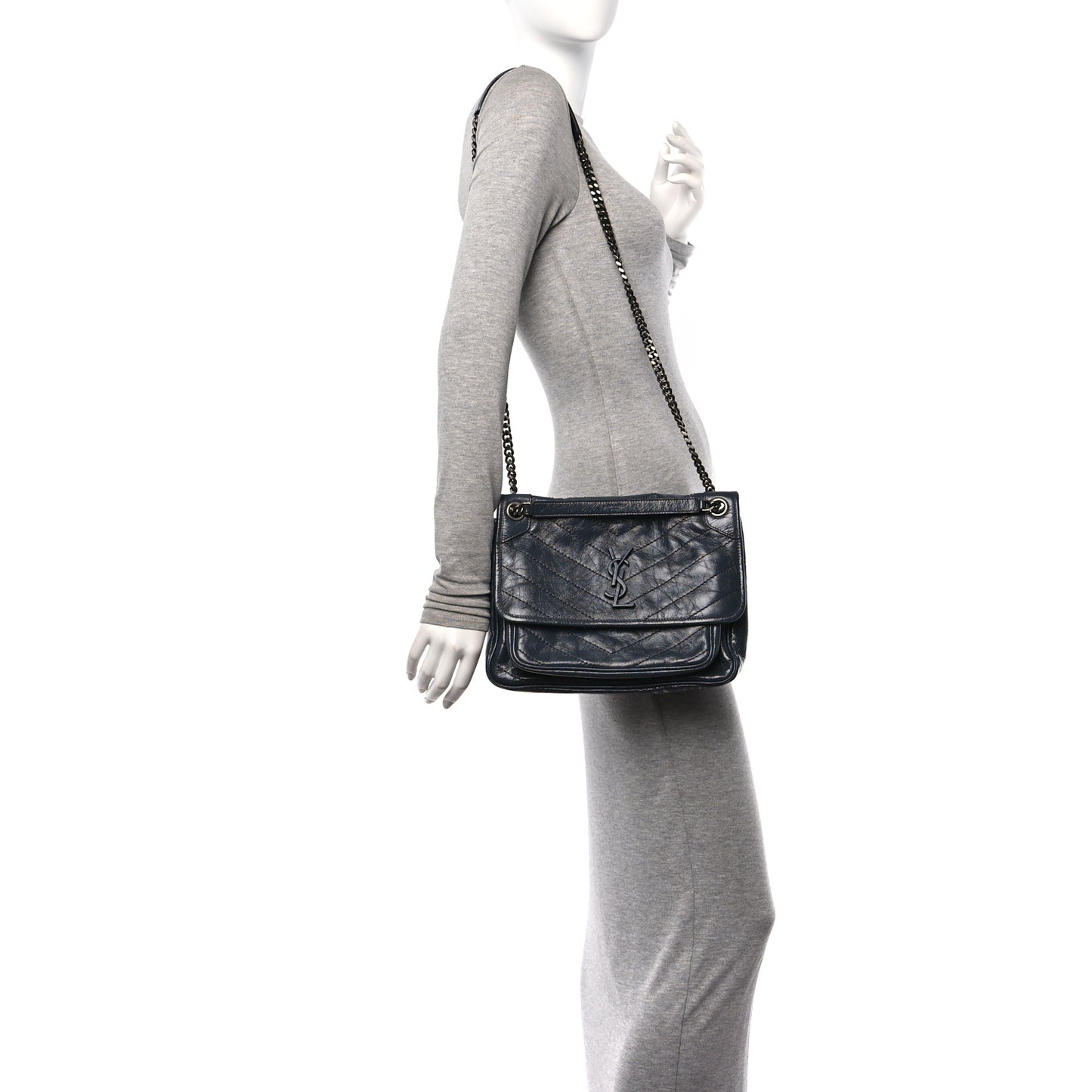 Crinkled Calfskin Matelasse Monogram Medium Niki Chain Satchel Dark Smog