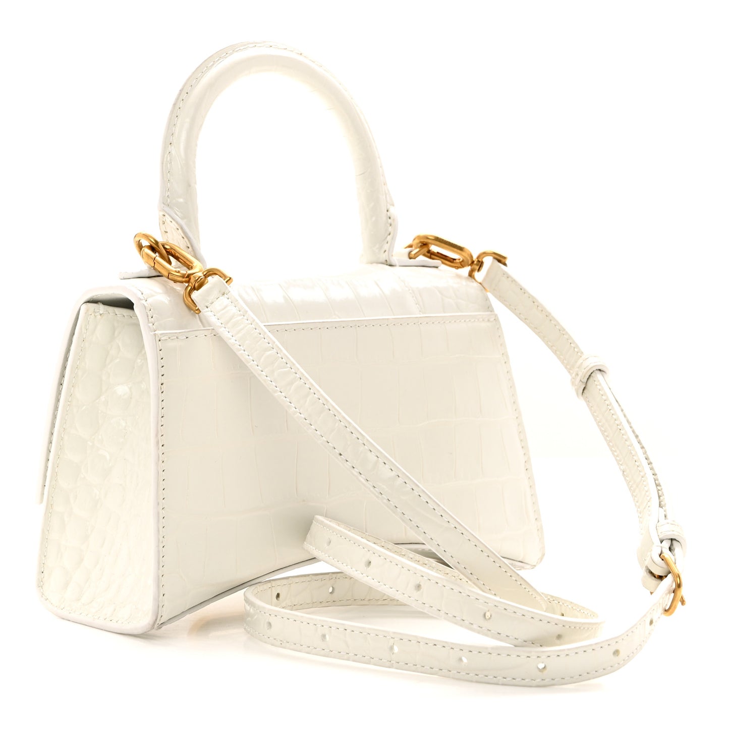 Shiny Calfskin Crocodile Embossed Hourglass Top Handle Bag XS White