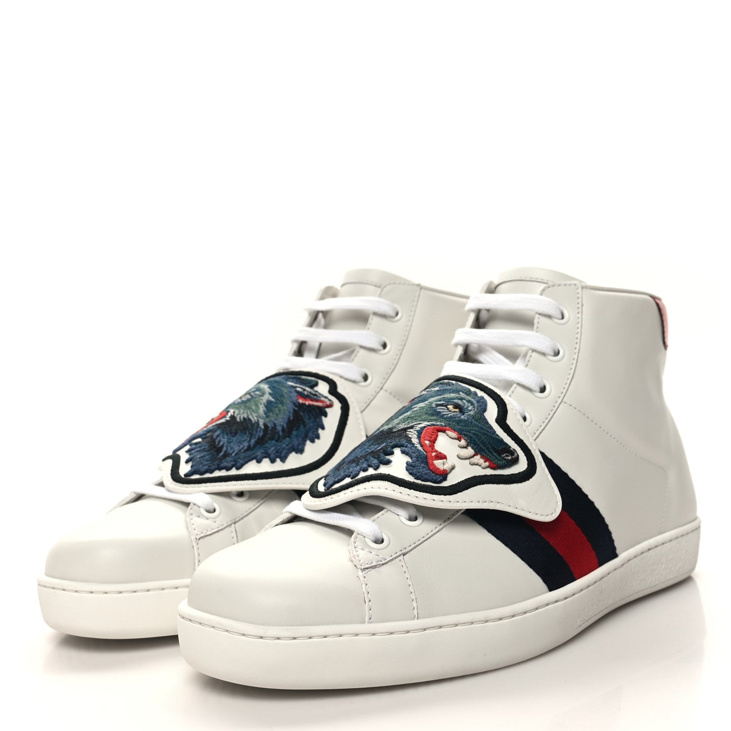 Calfskin Web Wolf Removable Patches Mens Ace High Top Sneakers 8.5 White