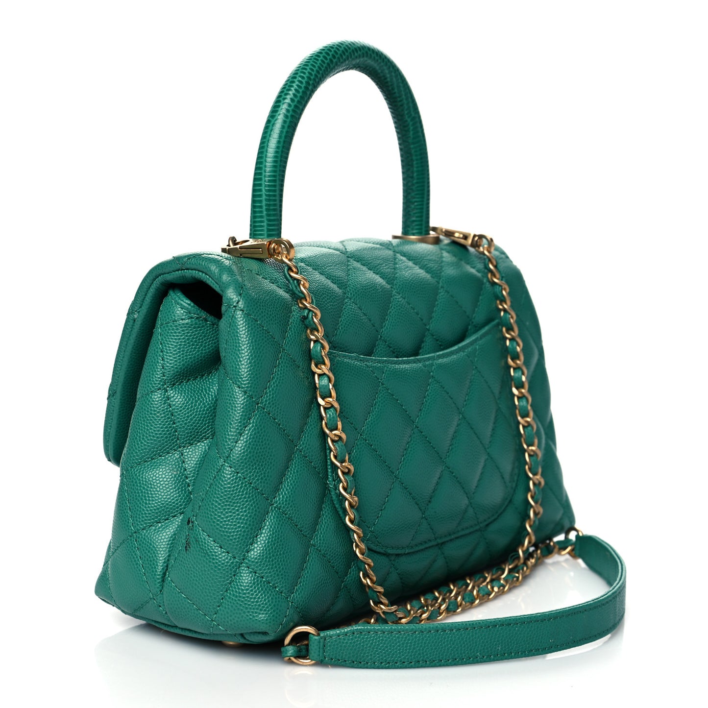 Caviar Lizard Quilted Mini Coco Handle Flap Green