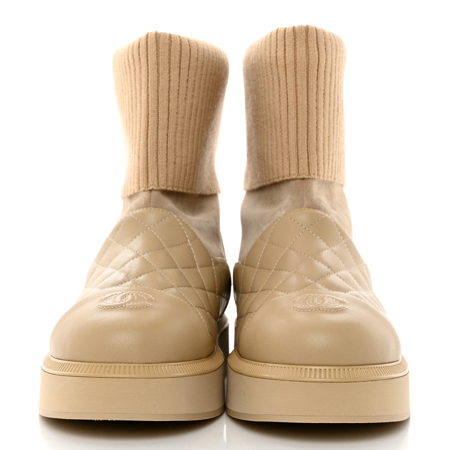 Chanel Suede Lambskin Calfskin Knit Womens Ankle Boots 38 Beige 2 of 8