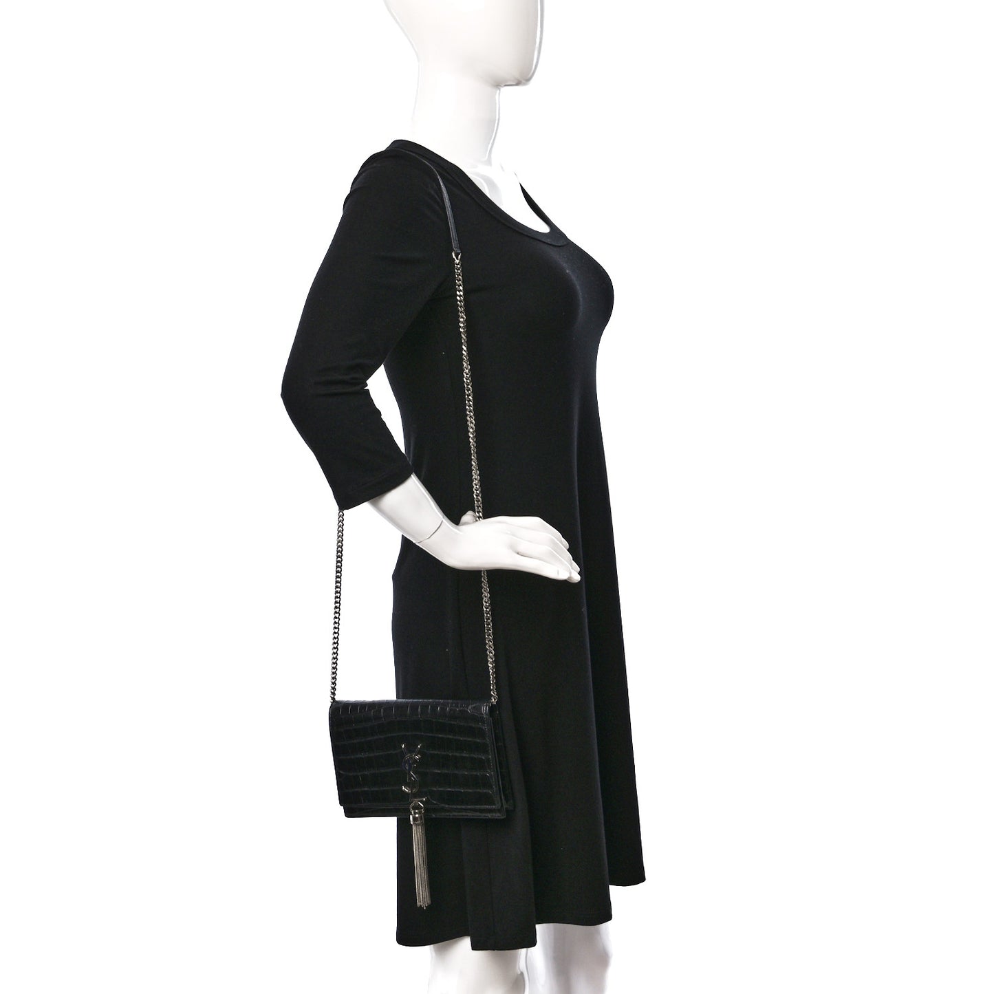 Calfskin Crocodile Embossed Kate Monogram Tassel Chain Wallet Black