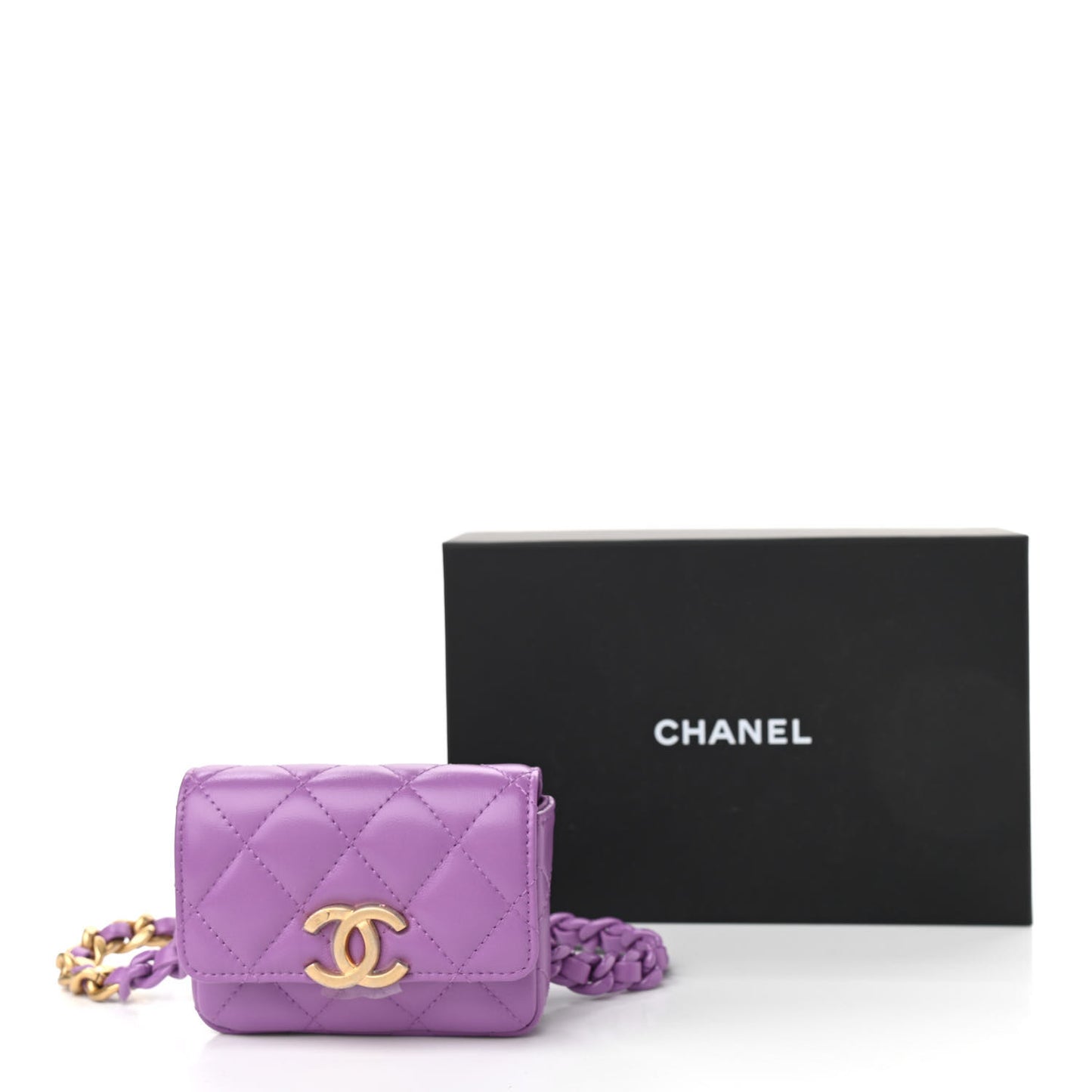 Lambskin Lacquered Metal Quilted Flap Chain Belt Bag Purple