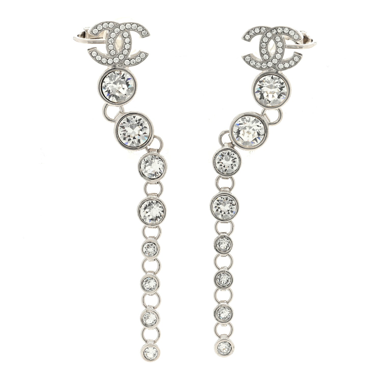 Chanel Crystal CC Long Drop Earrings Silver 1 of 4