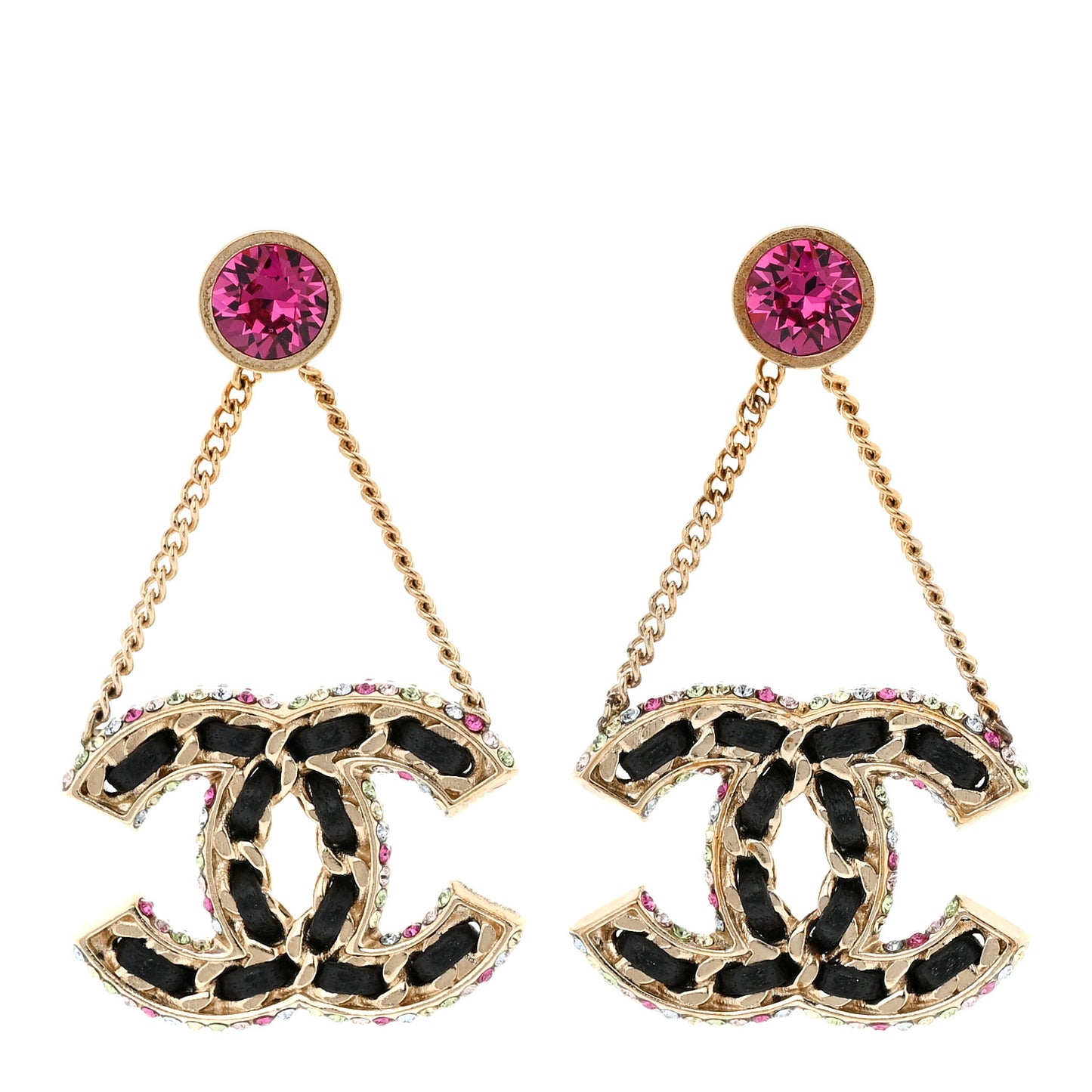 Metal Lambskin Crystal CC Chain Drop Earrings Black Gold Pink Multicolor