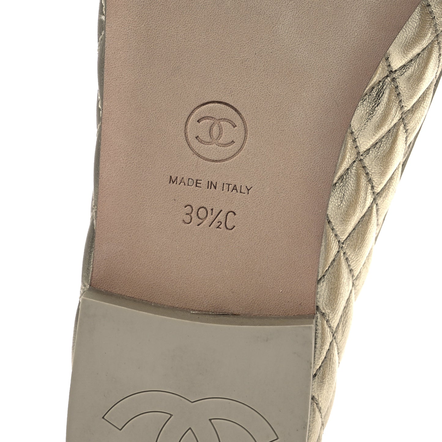 Metallic Lambskin Quilted Womens Chain CC Loafers 39.5 Gold