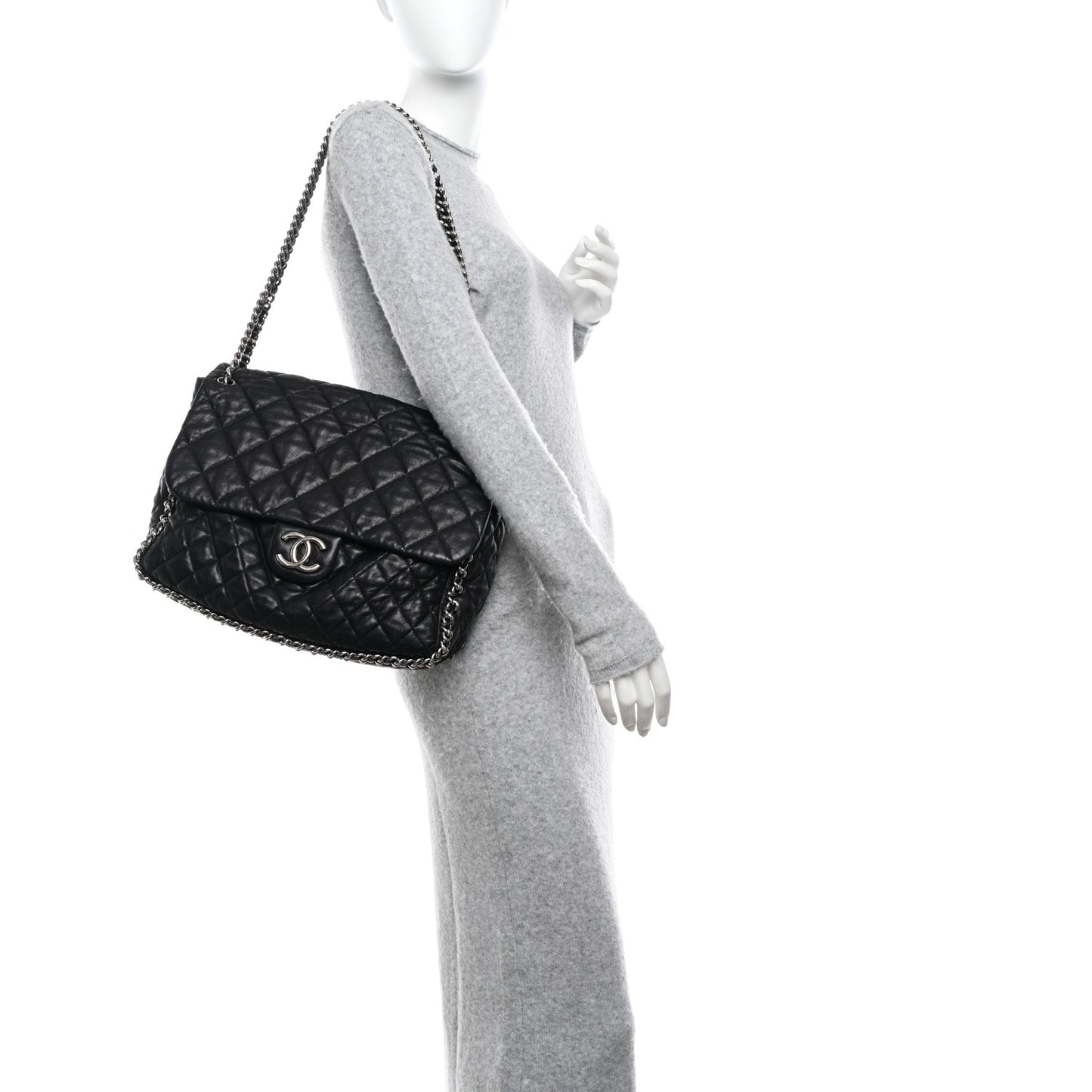 Washed Lambskin Quilted Maxi Chain Around Flap Black