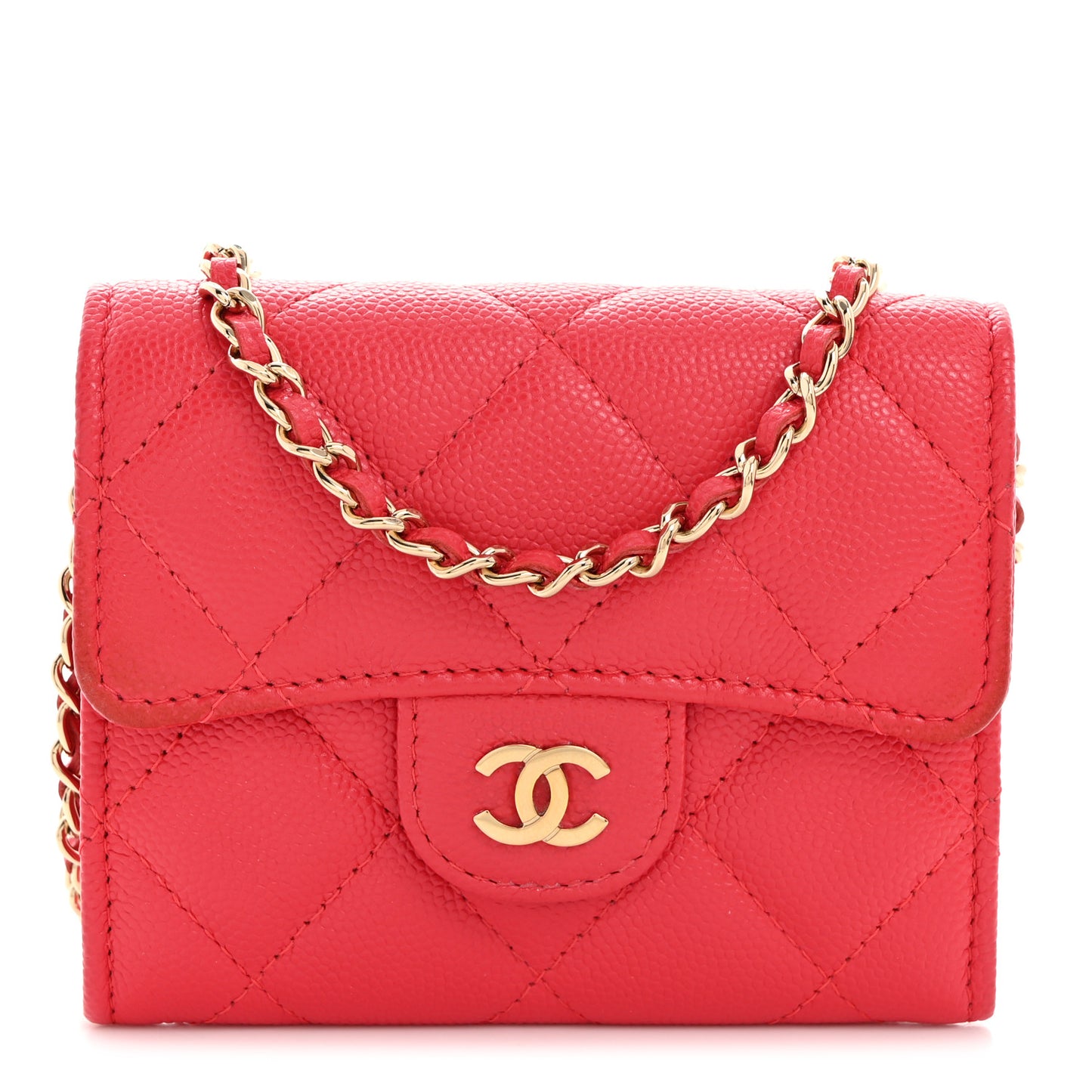 Caviar Quilted Flap Card Holder On Chain Dark Pink