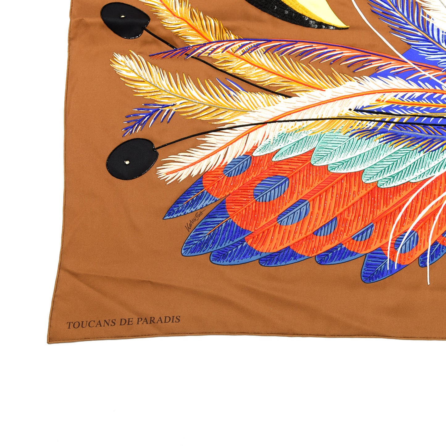 Silk Embroidered Giant Toucans De Paradis Scarf 140 Tabac Bleu Jaune