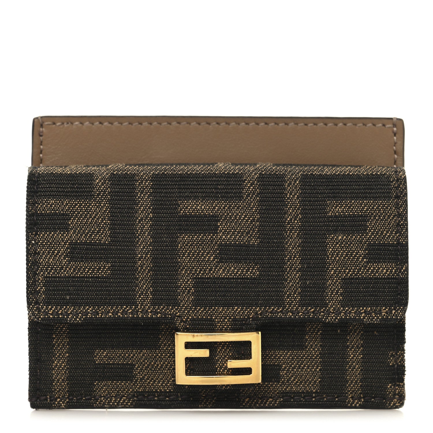 Fendi Fabric Jacquard FF 1974 Fold Over Card Holder Wallet Tobacco