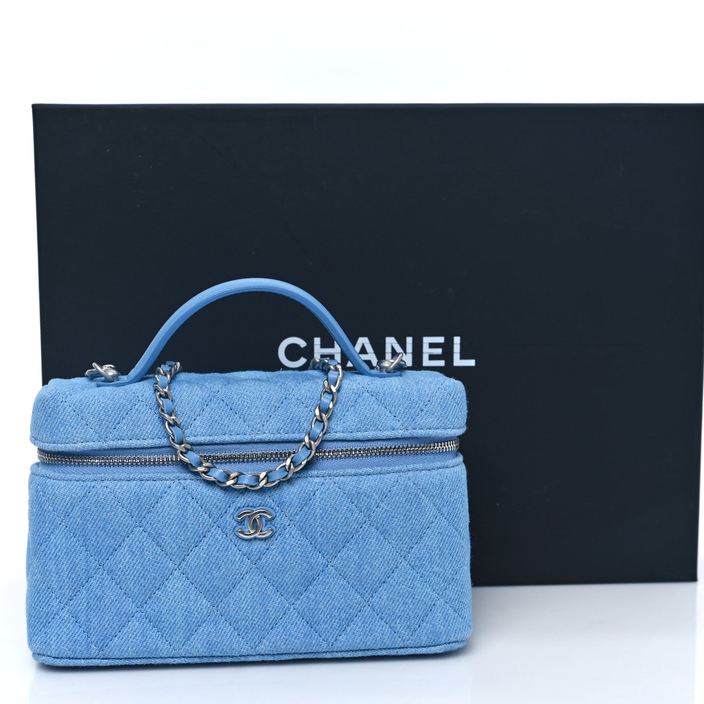 Denim Quilted Top Handle Slim Vanity Case With Chain Blue