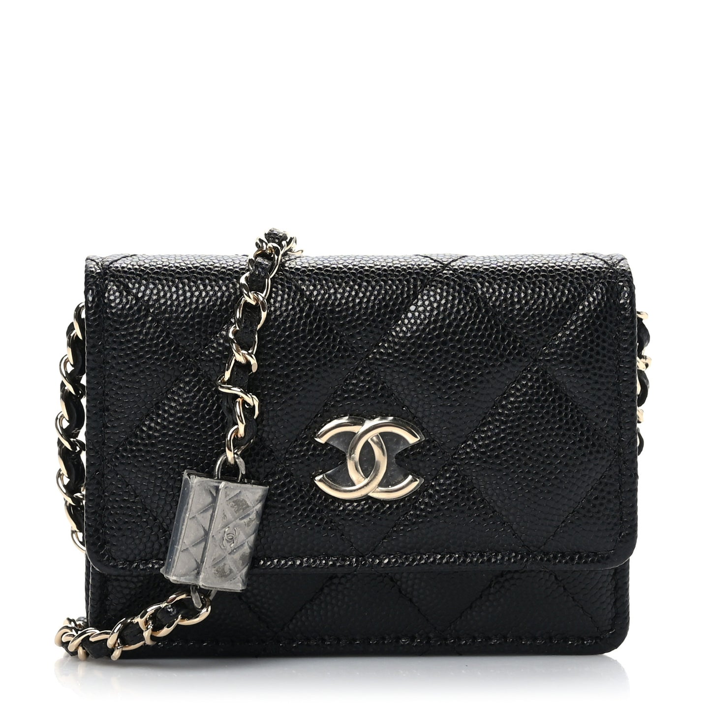 Caviar Quilted Card Holder With Charms On Chain Black