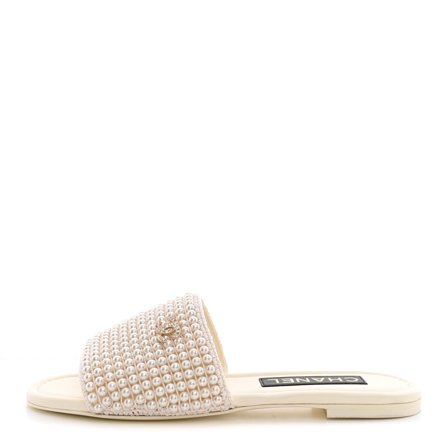 Chanel Pearl Crystal CC Mules Sandals 37.5 Ivory 1928469