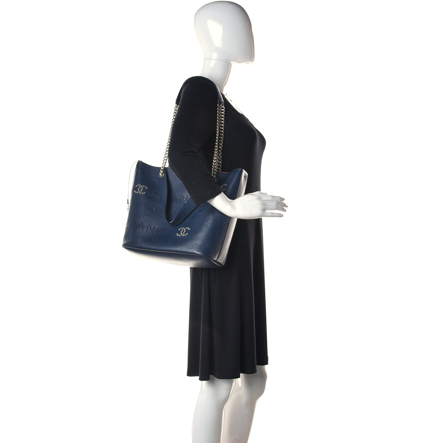 Calfskin Tweed Small Logo Eyelets Shopping Tote Navy Blue