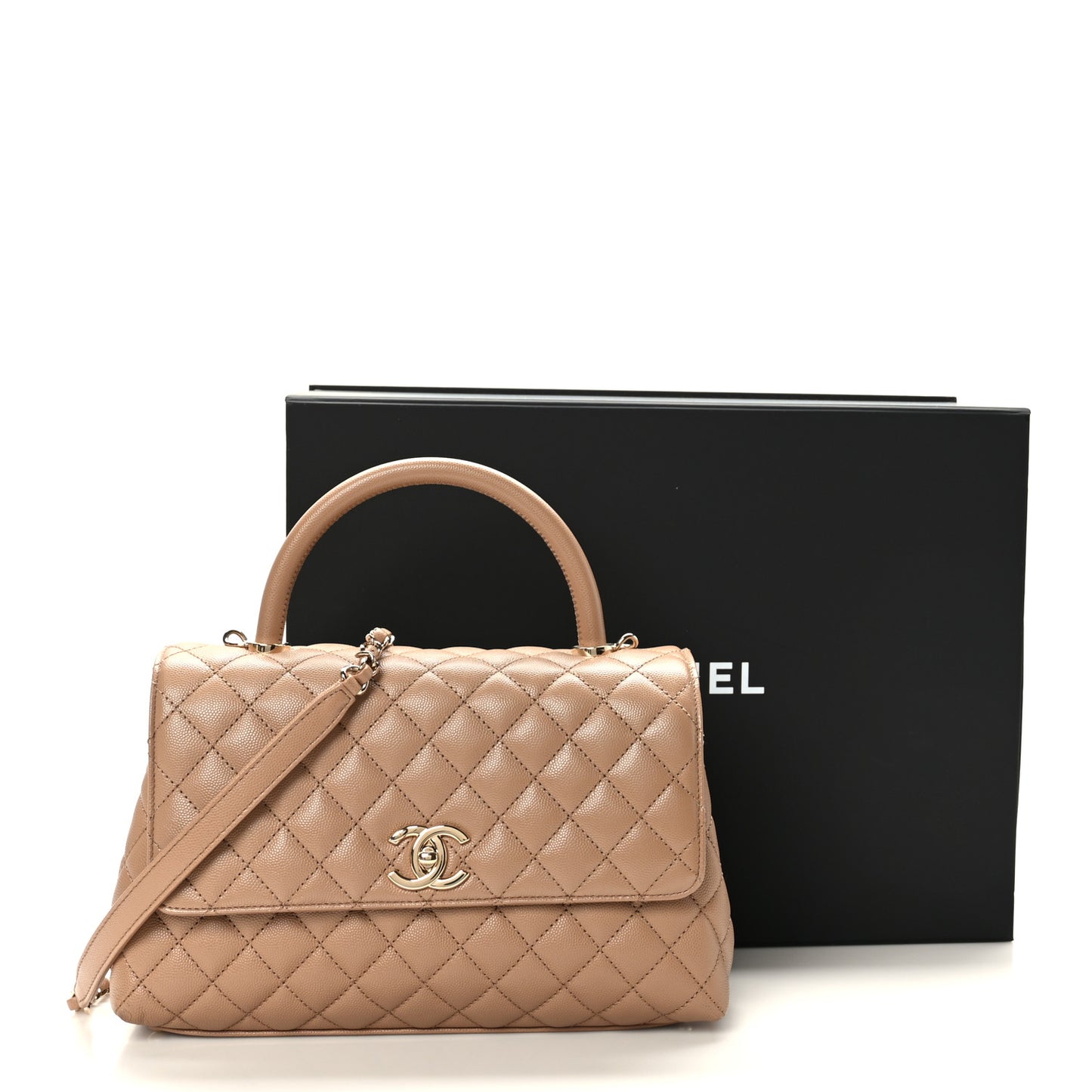 Caviar Quilted Small Coco Handle Flap Beige