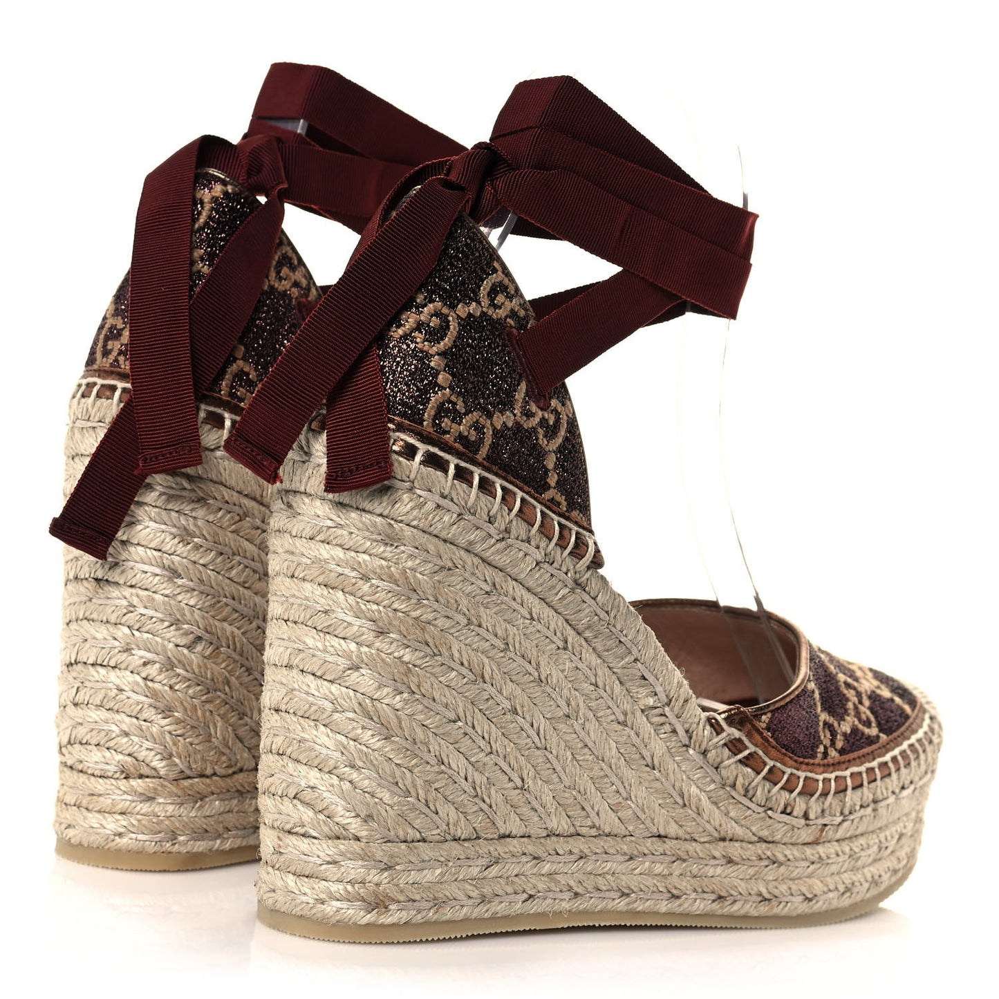 Lame GG Monogram Pilar SIlk Ankle Wrap Platform Espadrille Wedges 38.5 Brown