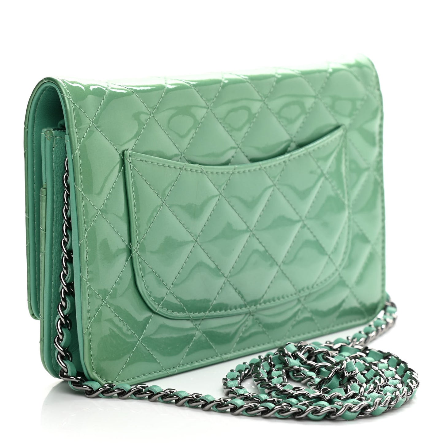 Patent Quilted Wallet On Chain WOC Light Green