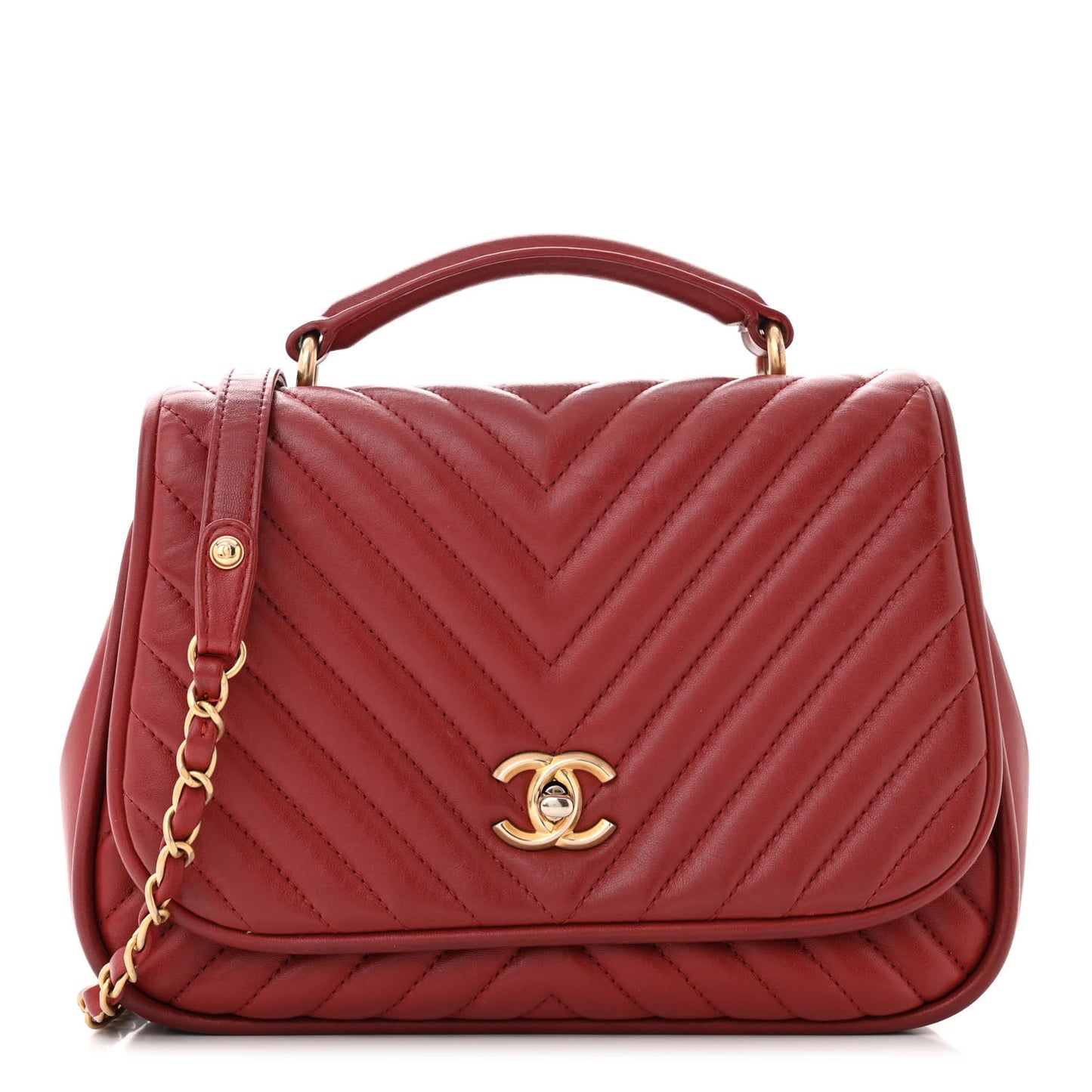 Lambskin Reverse Chevron Quilted Round Top Handle Flap Red