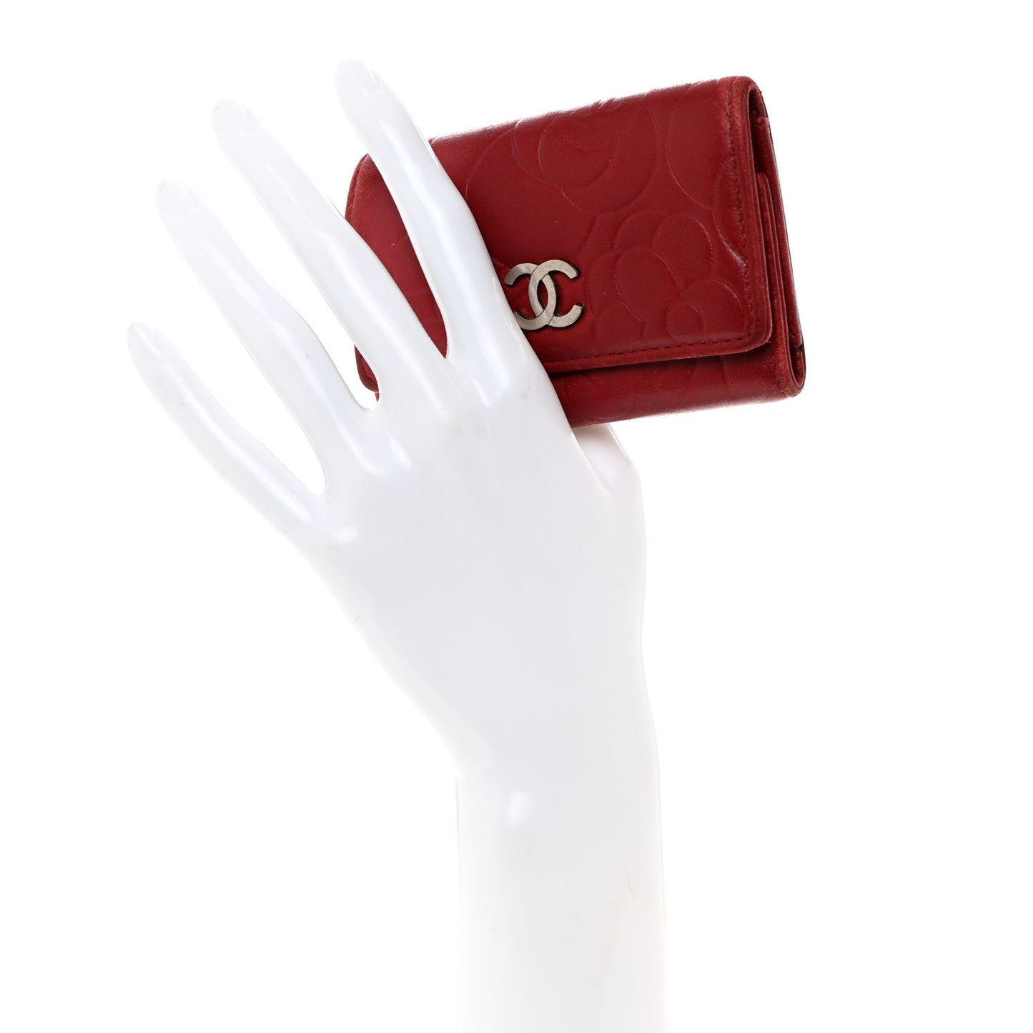 Lambskin Camellia Embossed 4 Key Holder Dark Red