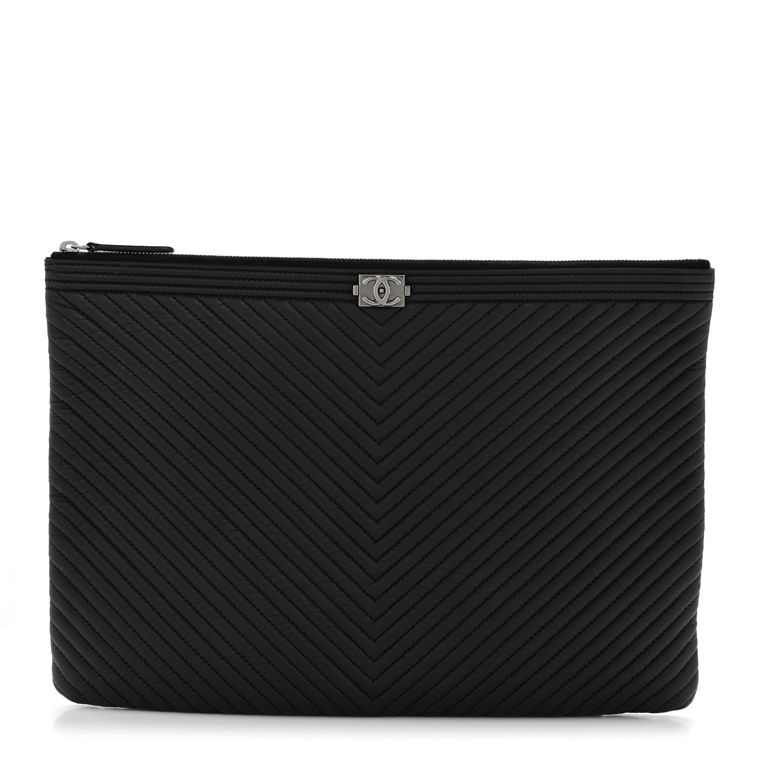 Chanel Calfskin Chevron Quilted Large Boy Cosmetic Case Black