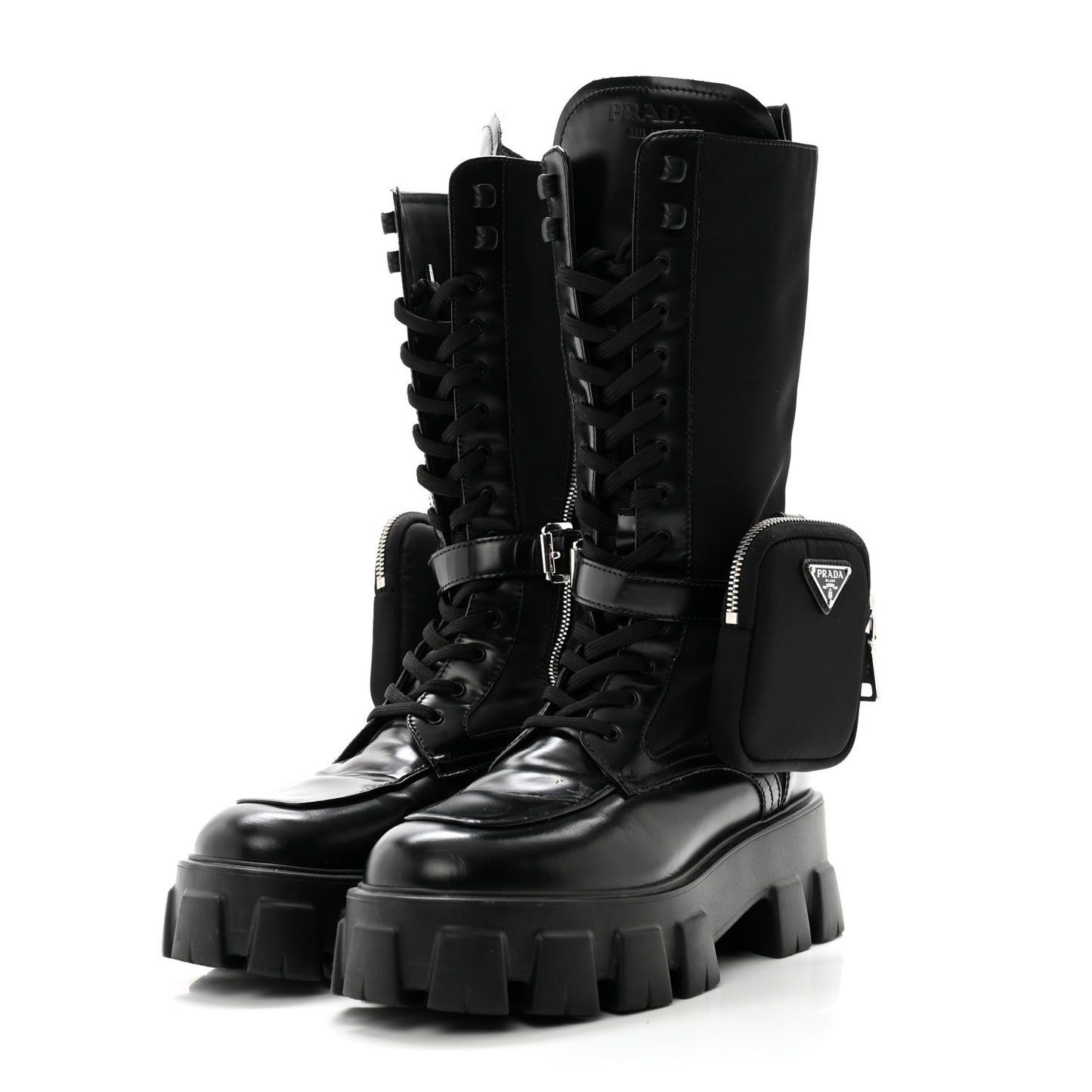 Vitello Lux Nylon Metal Triangle Logo Monolith Pouch Pocket 55mm Tall Combat Boots 38.5 Black