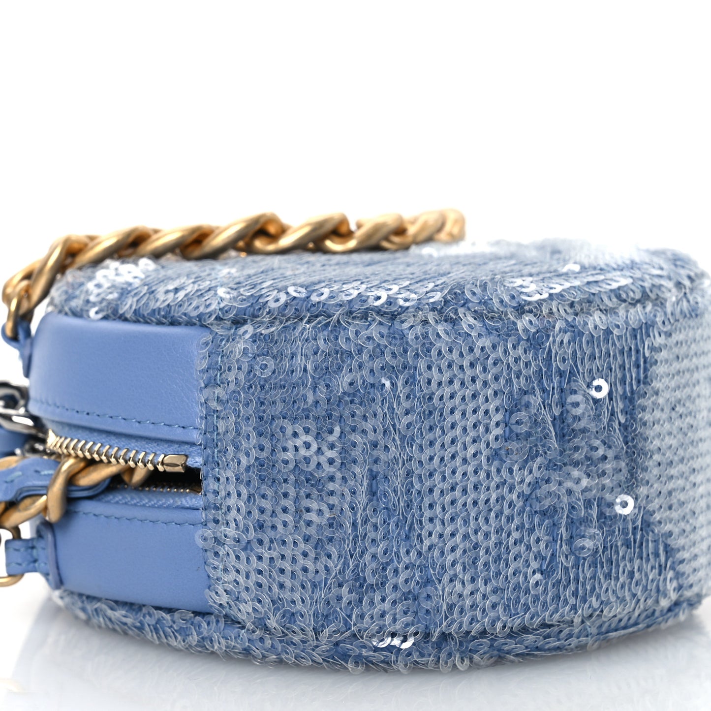 Sequin Chanel 19 Round Clutch With Chain Light Blue