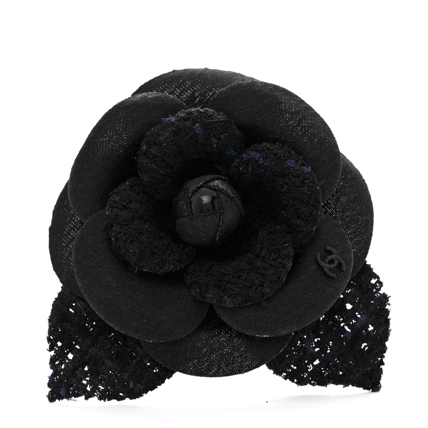 Tweed Fabric Camellia Pin Brooch Navy Black
