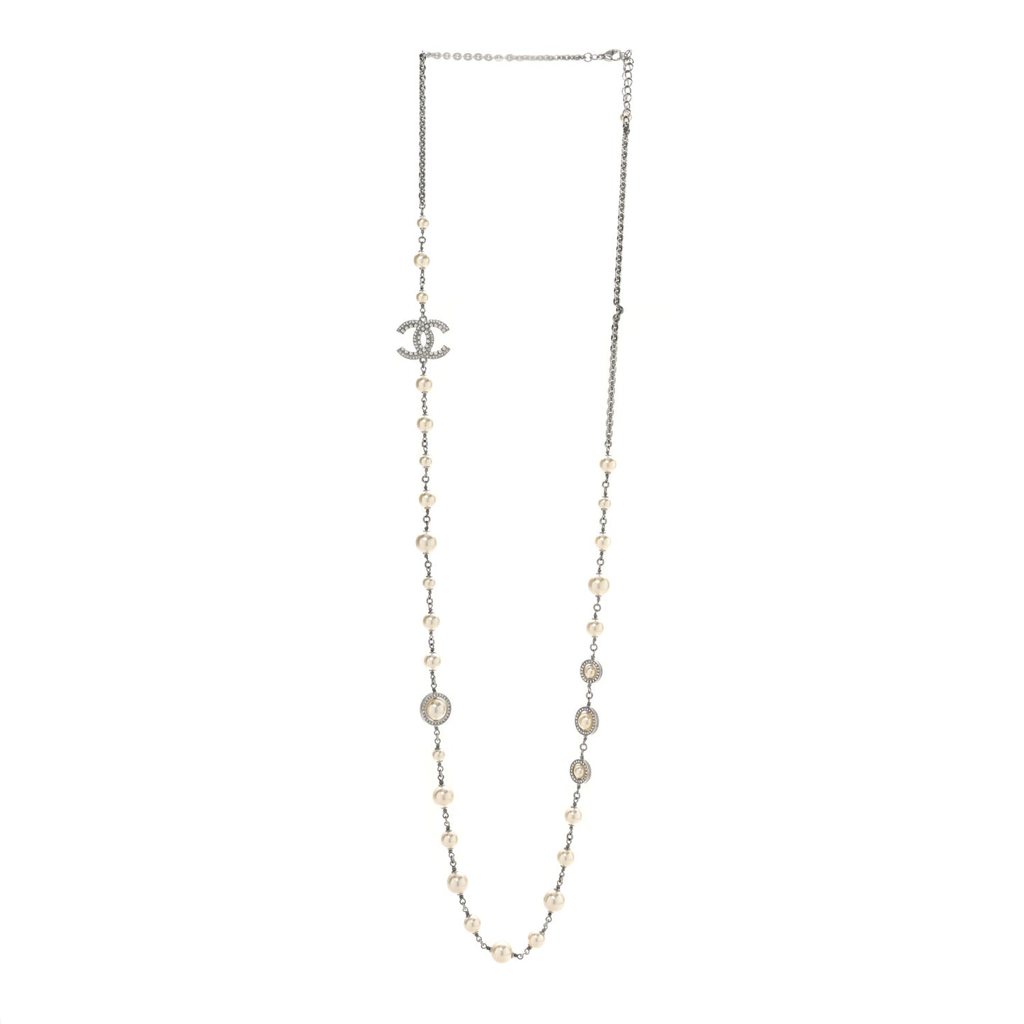 Graduated Pearl Crystal CC Long Necklace Silver