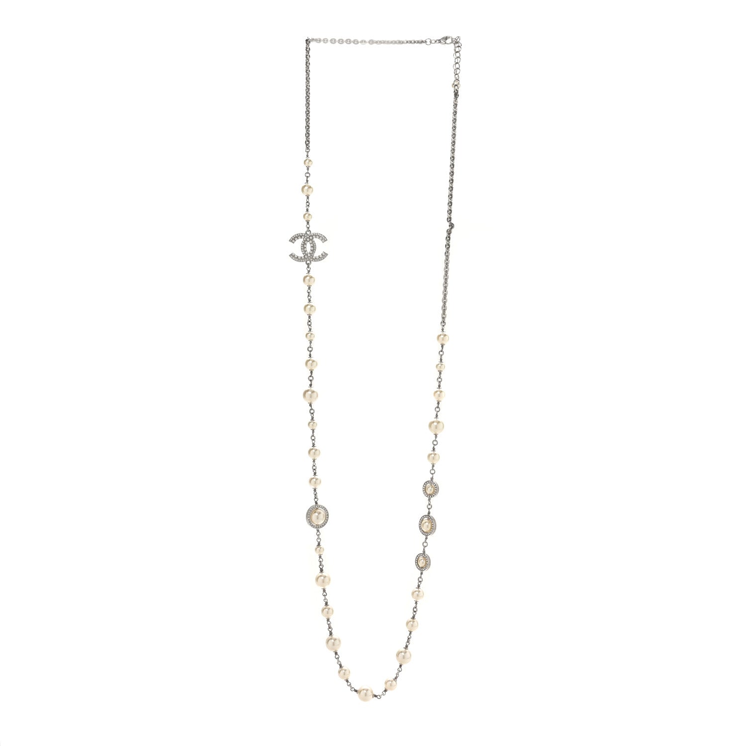 Chanel Graduated Pearl Crystal CC Long Necklace Silver 5 of 12
