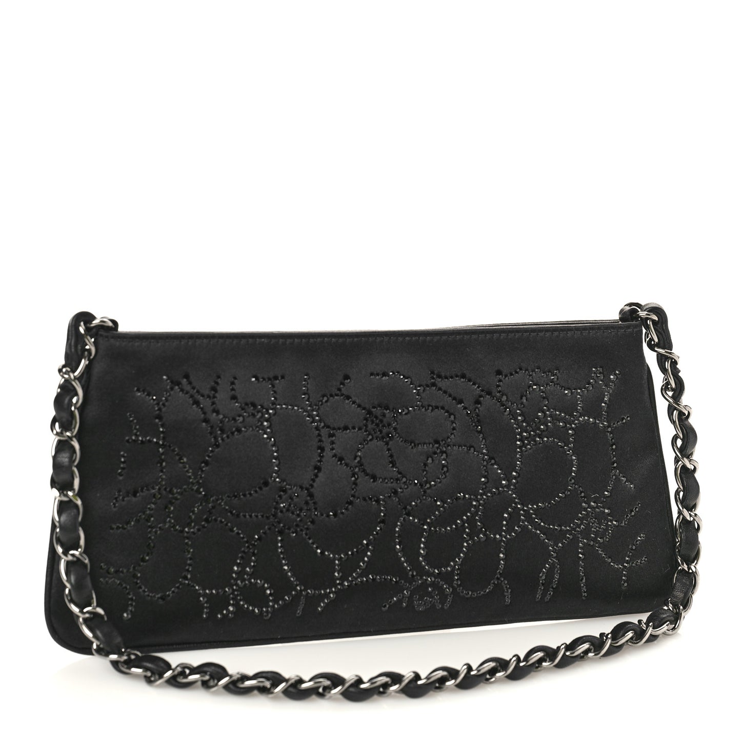 Satin Crystal Camellia Evening Bag Black