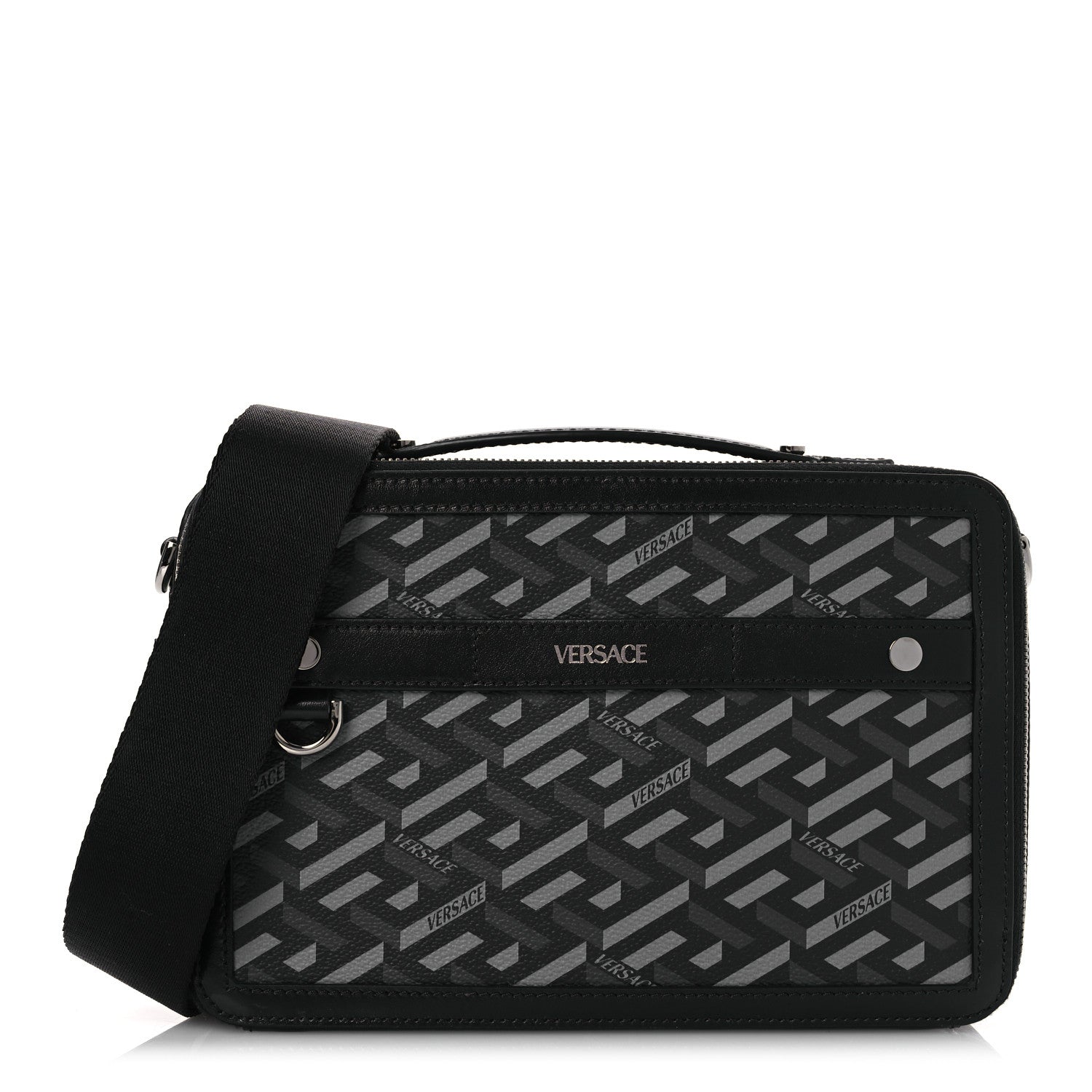 Versace Coated Canvas La Greca Signature Messenger Bag Black Gray